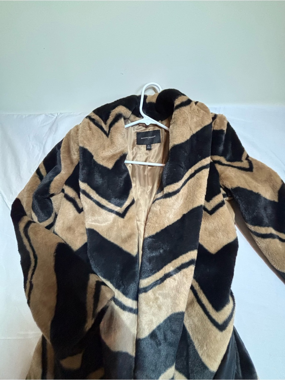 Banana Republic Chevron Faux Fur Peacoat in Black and Tan